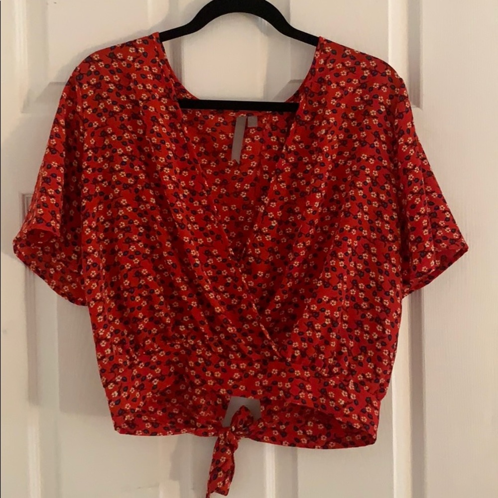 Red floral top with knot in the back